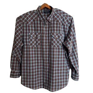 Pendleton Frontier XL Long Sleeve Plaid Western Pearl Snap Brown Blue Cotton Men